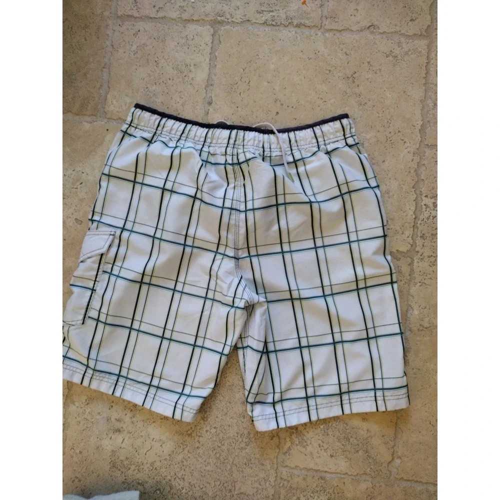 Speedo Swim Trunks Man Medium White Blue Green Plaid Boardshorts Mesh Lined Pool